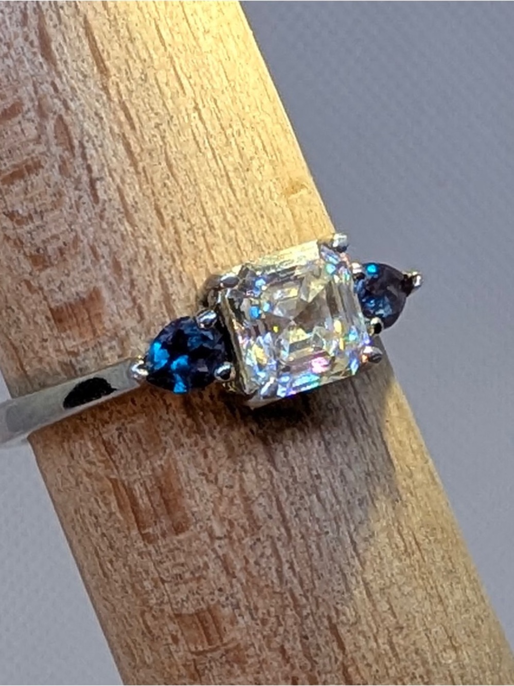 Moissanite & Sapphire Rhodium over Sterling sz 7 3/4